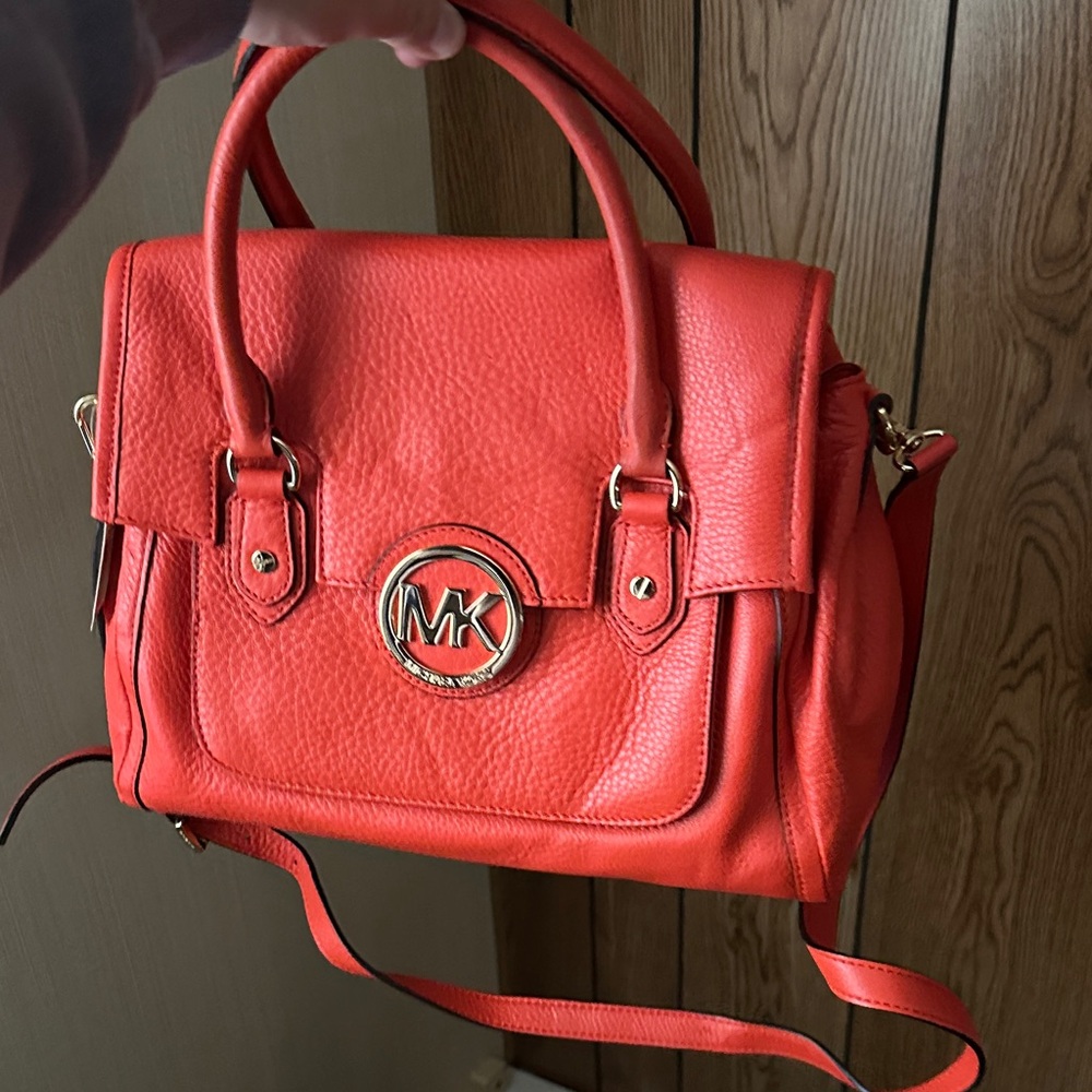 Michael Kors Coral-Red Leather Satchel with Gold MK Emblem